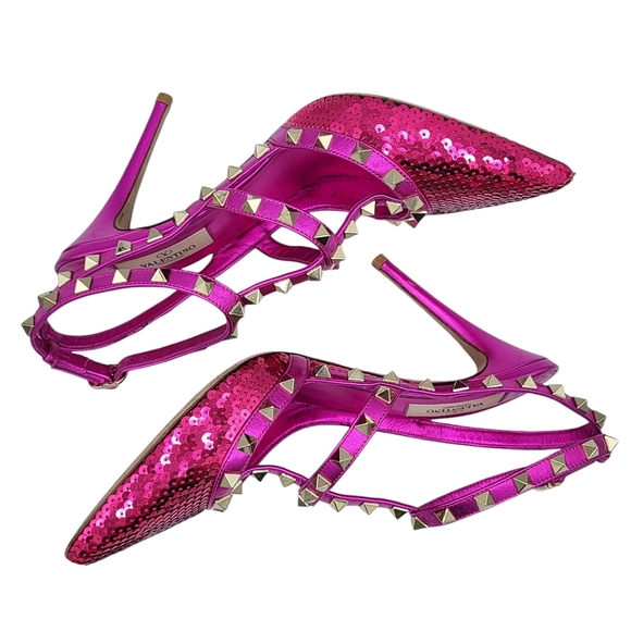 Valentino Rockstud Sequined Leather Pumps Pink 38.5 - Picture 4 of 16